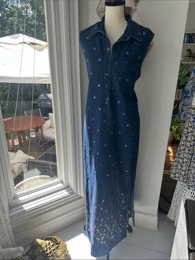 VINTAGE 90s Denim Navy Blue Embroidered Maxi Jean Dress Button Front Size 16